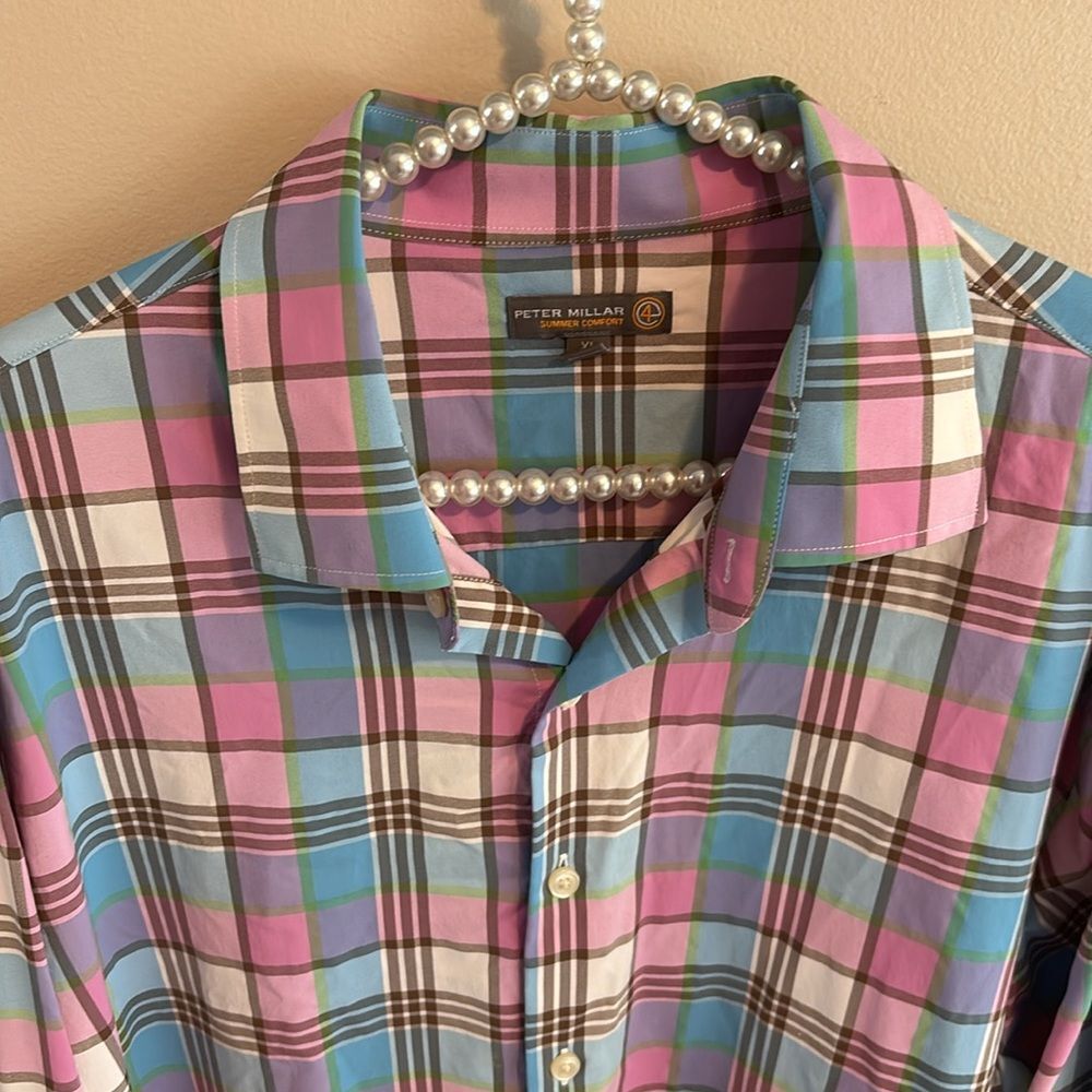 Peter Millar Summer Comfort Shirt Mens XL Blue Pink Plaid Performance Stretch LS